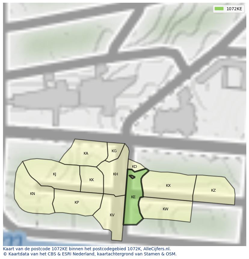 Afbeelding van het postcodegebied 1072 KE op de kaart.