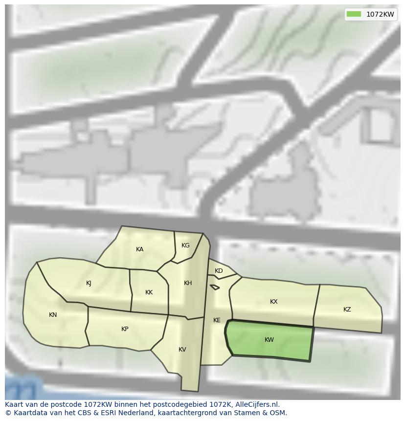 Afbeelding van het postcodegebied 1072 KW op de kaart.