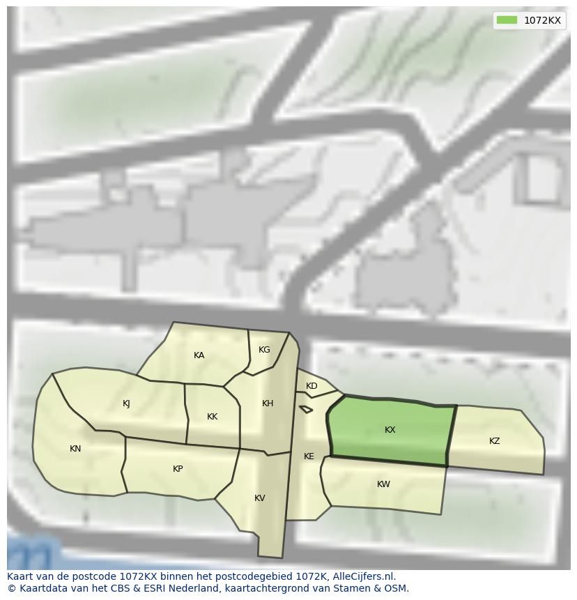 Afbeelding van het postcodegebied 1072 KX op de kaart.