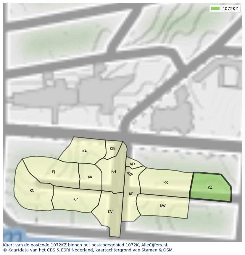 Afbeelding van het postcodegebied 1072 KZ op de kaart.