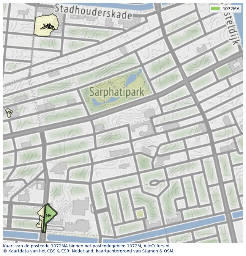 Afbeelding van het postcodegebied 1072 MA op de kaart.