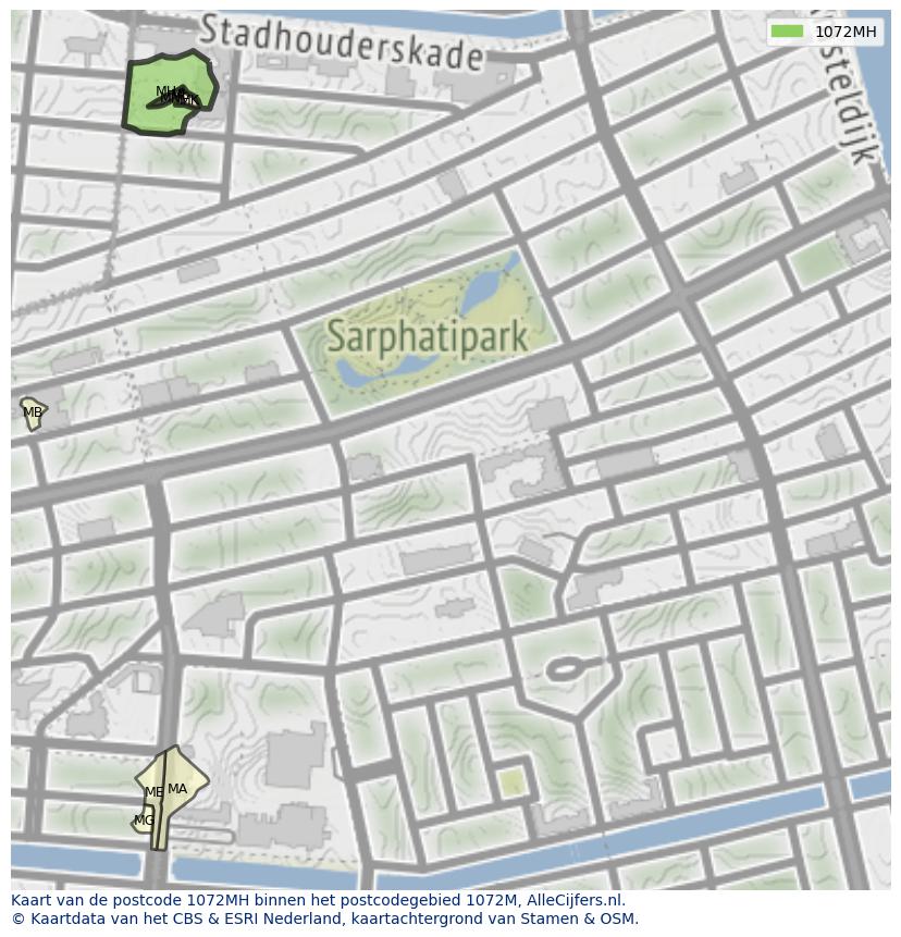 Afbeelding van het postcodegebied 1072 MH op de kaart.