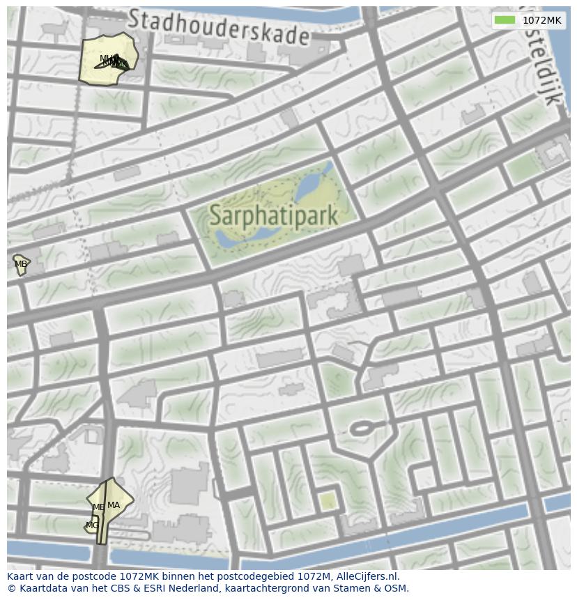 Afbeelding van het postcodegebied 1072 MK op de kaart.
