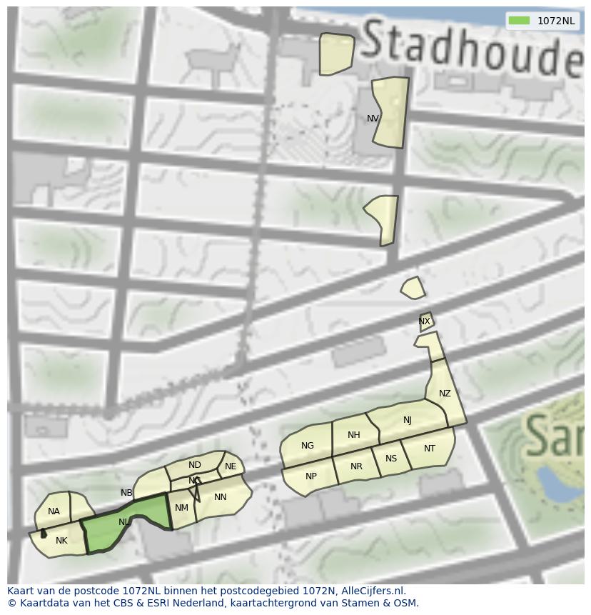 Afbeelding van het postcodegebied 1072 NL op de kaart.