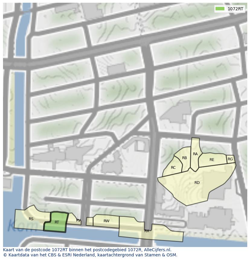 Afbeelding van het postcodegebied 1072 RT op de kaart.