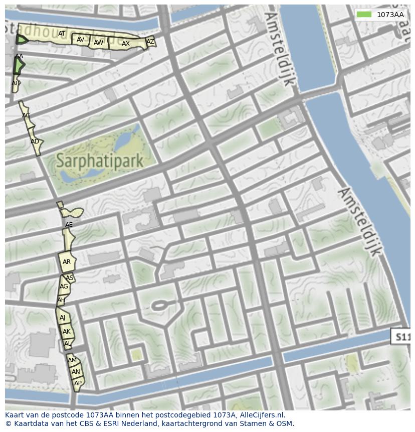 Afbeelding van het postcodegebied 1073 AA op de kaart.