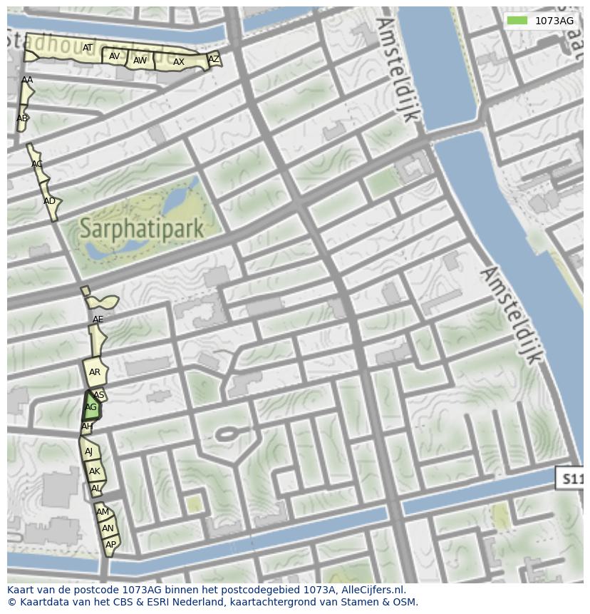 Afbeelding van het postcodegebied 1073 AG op de kaart.