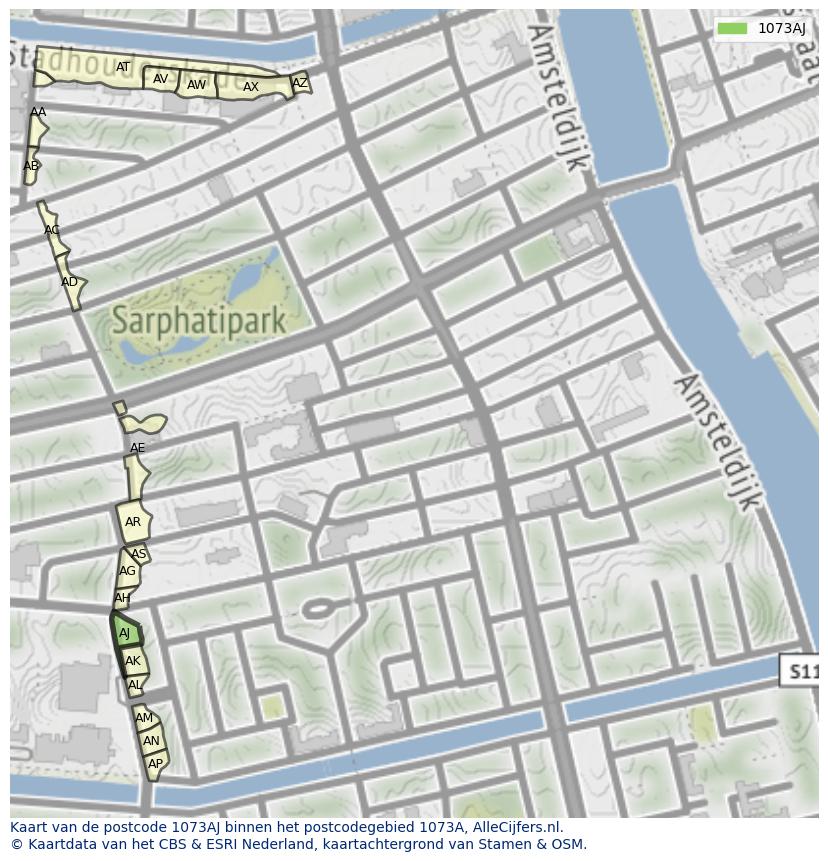 Afbeelding van het postcodegebied 1073 AJ op de kaart.