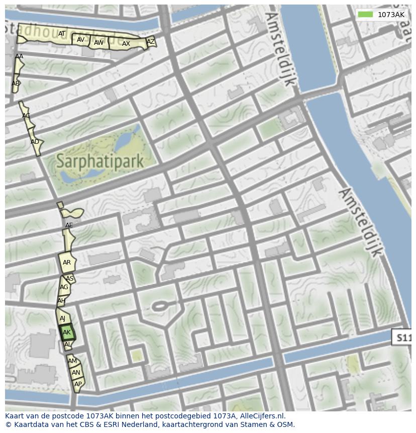 Afbeelding van het postcodegebied 1073 AK op de kaart.