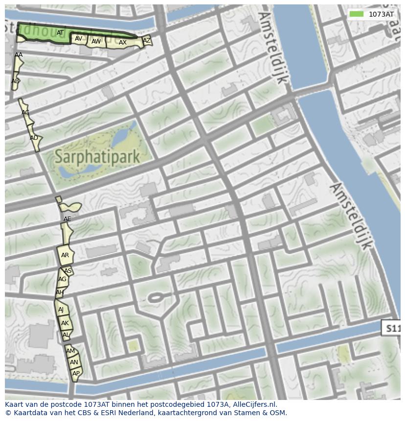 Afbeelding van het postcodegebied 1073 AT op de kaart.