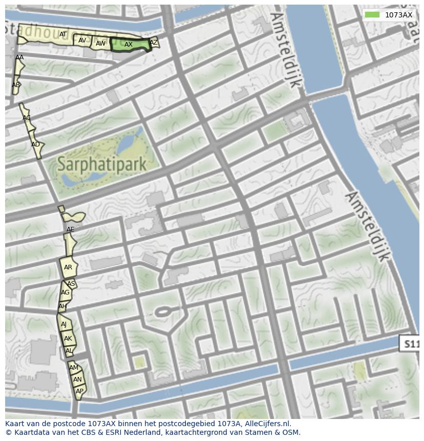 Afbeelding van het postcodegebied 1073 AX op de kaart.