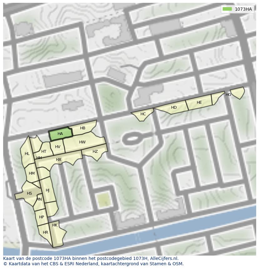 Afbeelding van het postcodegebied 1073 HA op de kaart.