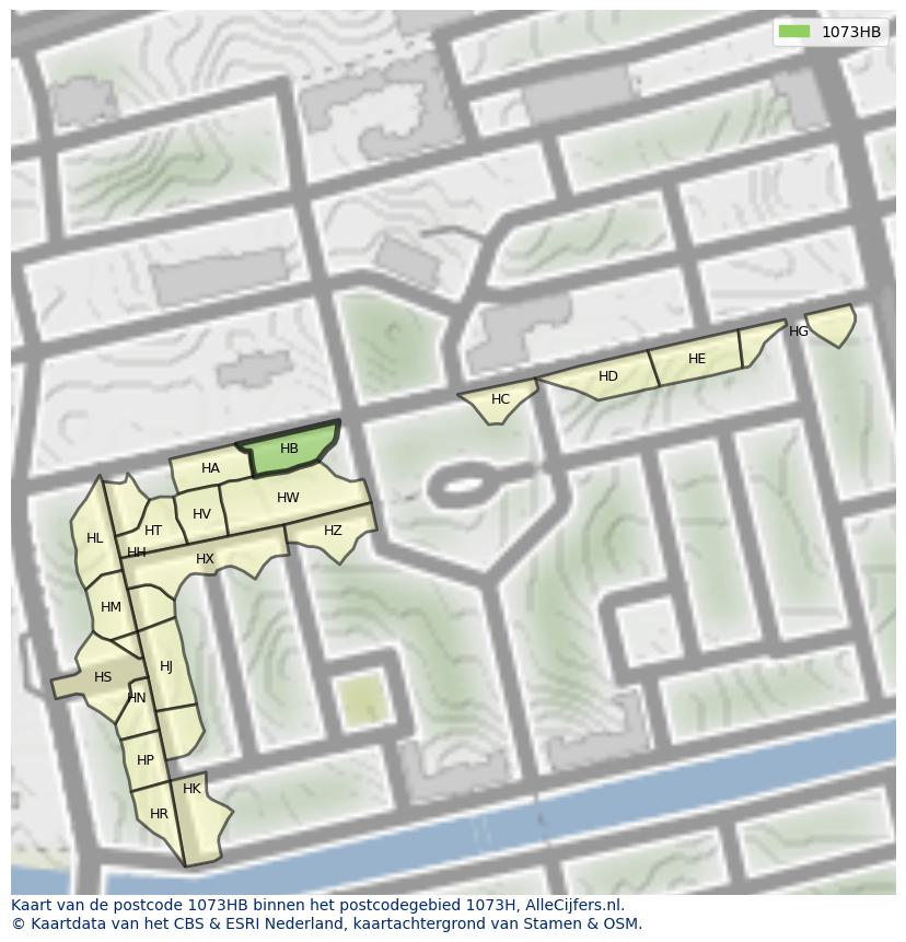 Afbeelding van het postcodegebied 1073 HB op de kaart.