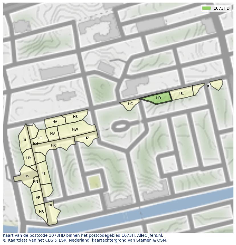 Afbeelding van het postcodegebied 1073 HD op de kaart.