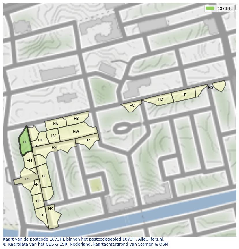 Afbeelding van het postcodegebied 1073 HL op de kaart.