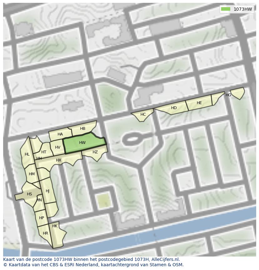 Afbeelding van het postcodegebied 1073 HW op de kaart.