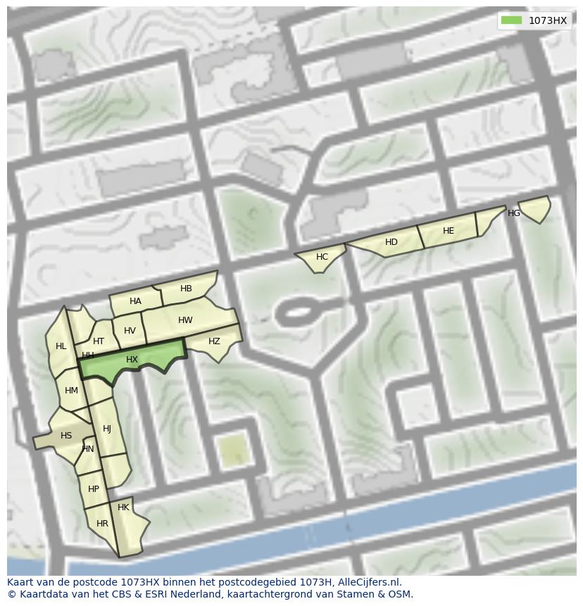 Afbeelding van het postcodegebied 1073 HX op de kaart.