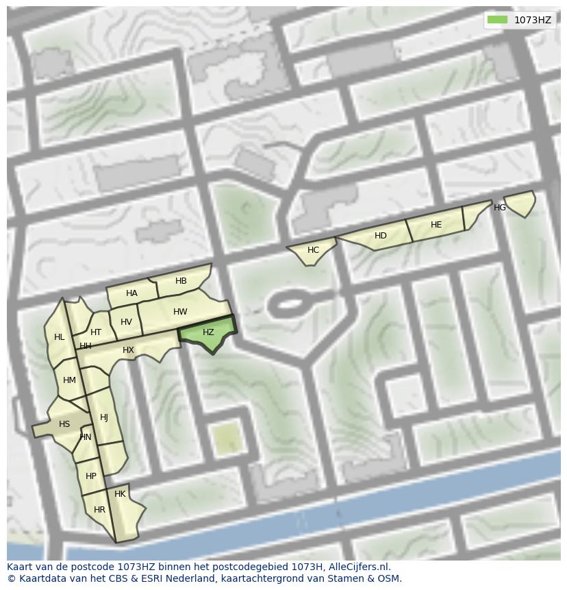 Afbeelding van het postcodegebied 1073 HZ op de kaart.