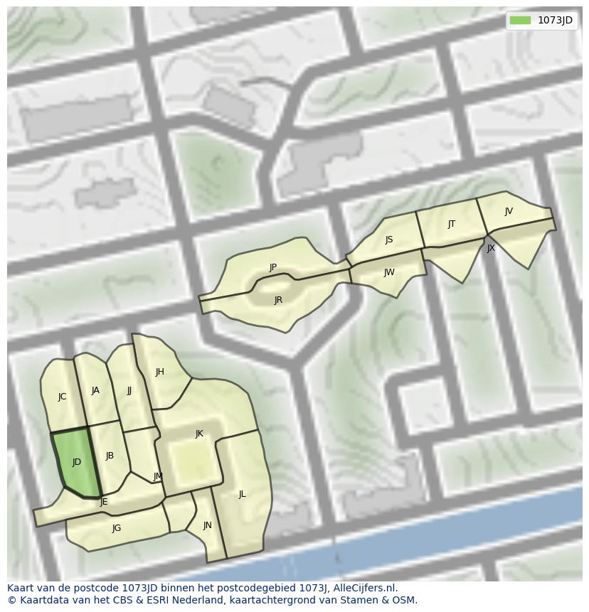Afbeelding van het postcodegebied 1073 JD op de kaart.
