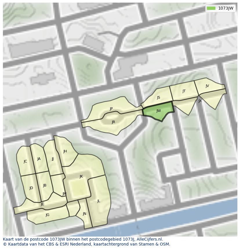 Afbeelding van het postcodegebied 1073 JW op de kaart.