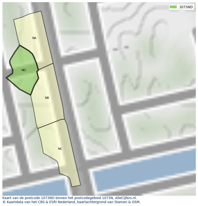 Afbeelding van het postcodegebied 1073 ND op de kaart.