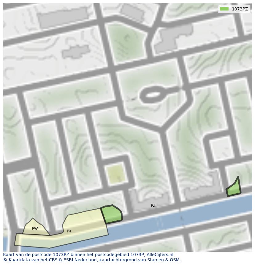 Afbeelding van het postcodegebied 1073 PZ op de kaart.