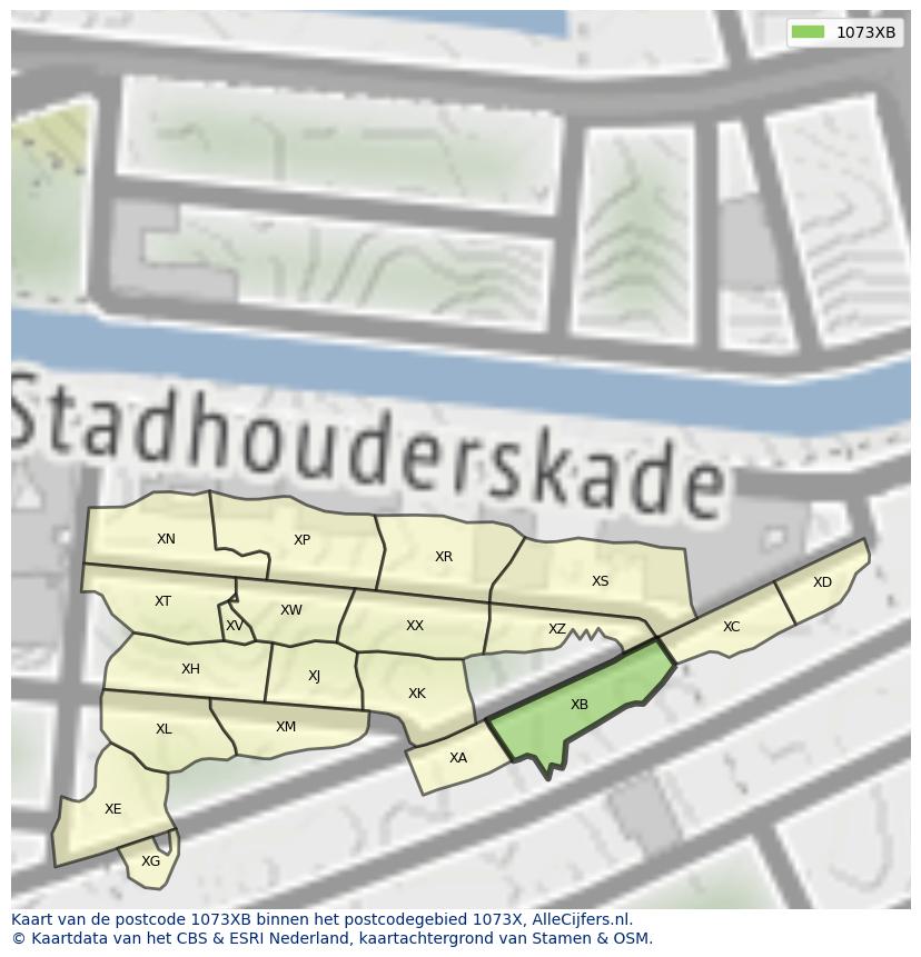 Afbeelding van het postcodegebied 1073 XB op de kaart.