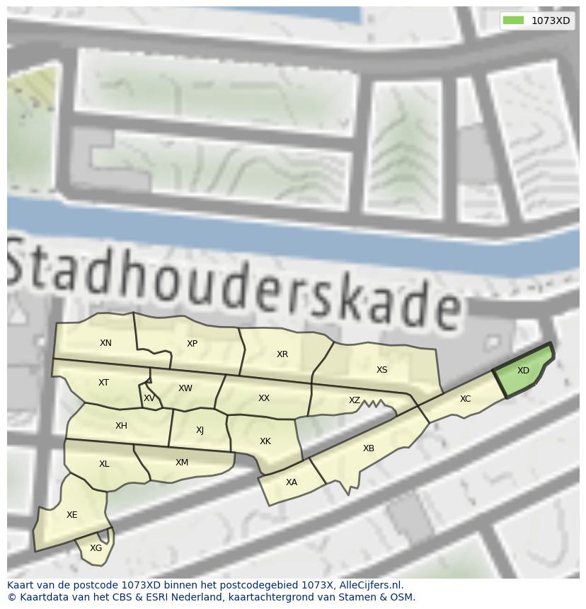 Afbeelding van het postcodegebied 1073 XD op de kaart.