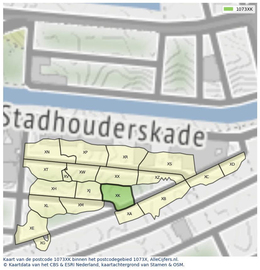 Afbeelding van het postcodegebied 1073 XK op de kaart.