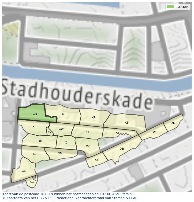Afbeelding van het postcodegebied 1073 XN op de kaart.