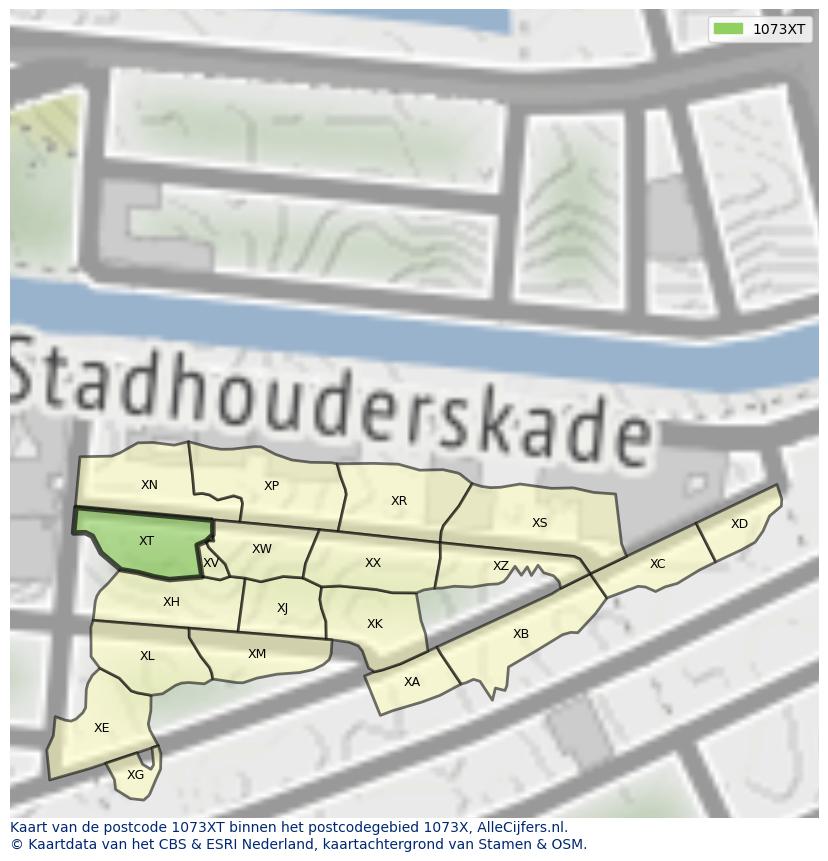 Afbeelding van het postcodegebied 1073 XT op de kaart.