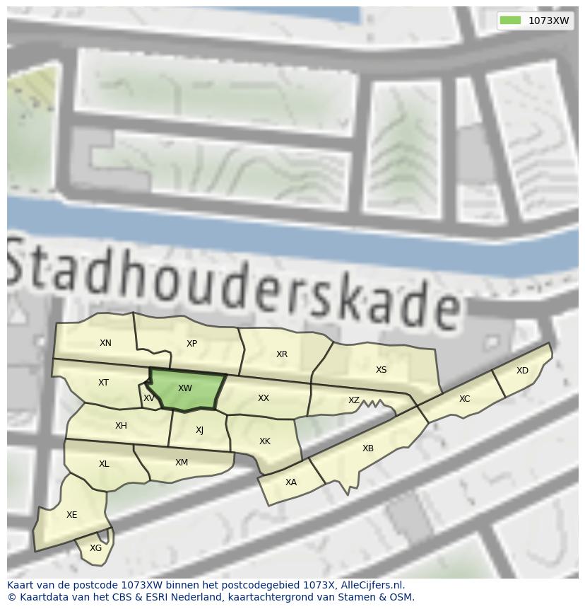 Afbeelding van het postcodegebied 1073 XW op de kaart.