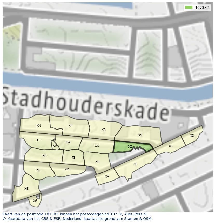 Afbeelding van het postcodegebied 1073 XZ op de kaart.