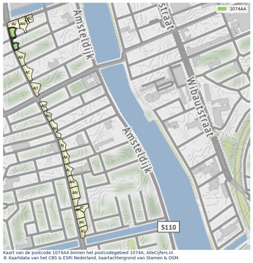 Afbeelding van het postcodegebied 1074 AA op de kaart.