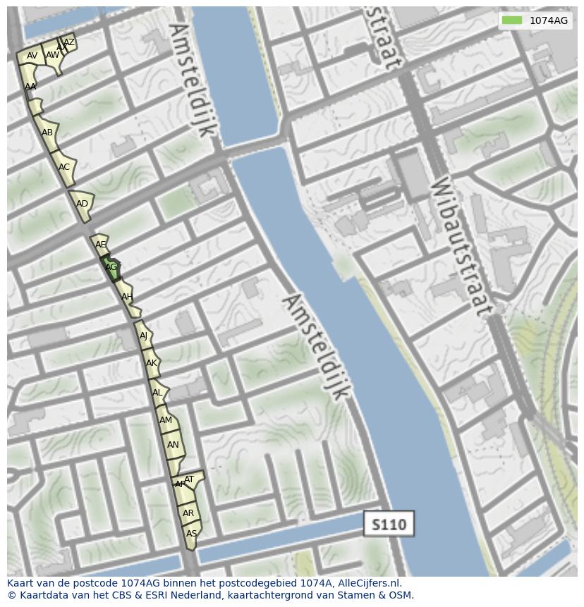 Afbeelding van het postcodegebied 1074 AG op de kaart.
