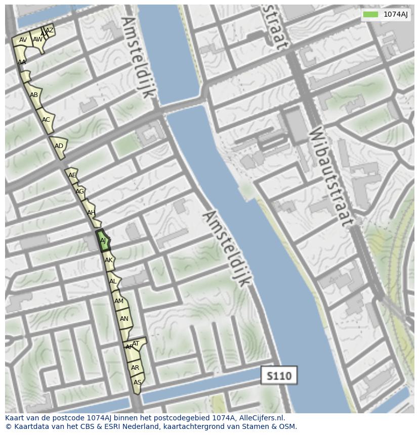Afbeelding van het postcodegebied 1074 AJ op de kaart.