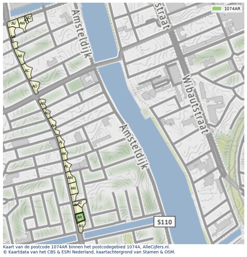 Afbeelding van het postcodegebied 1074 AR op de kaart.