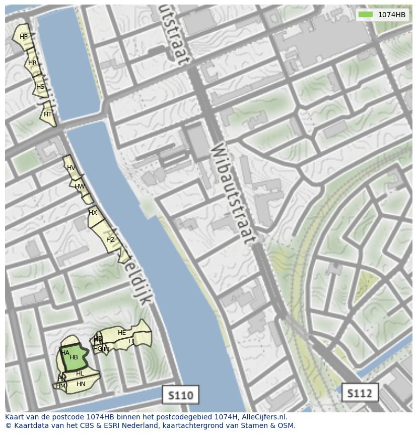 Afbeelding van het postcodegebied 1074 HB op de kaart.