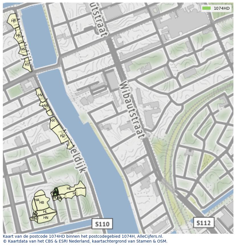 Afbeelding van het postcodegebied 1074 HD op de kaart.