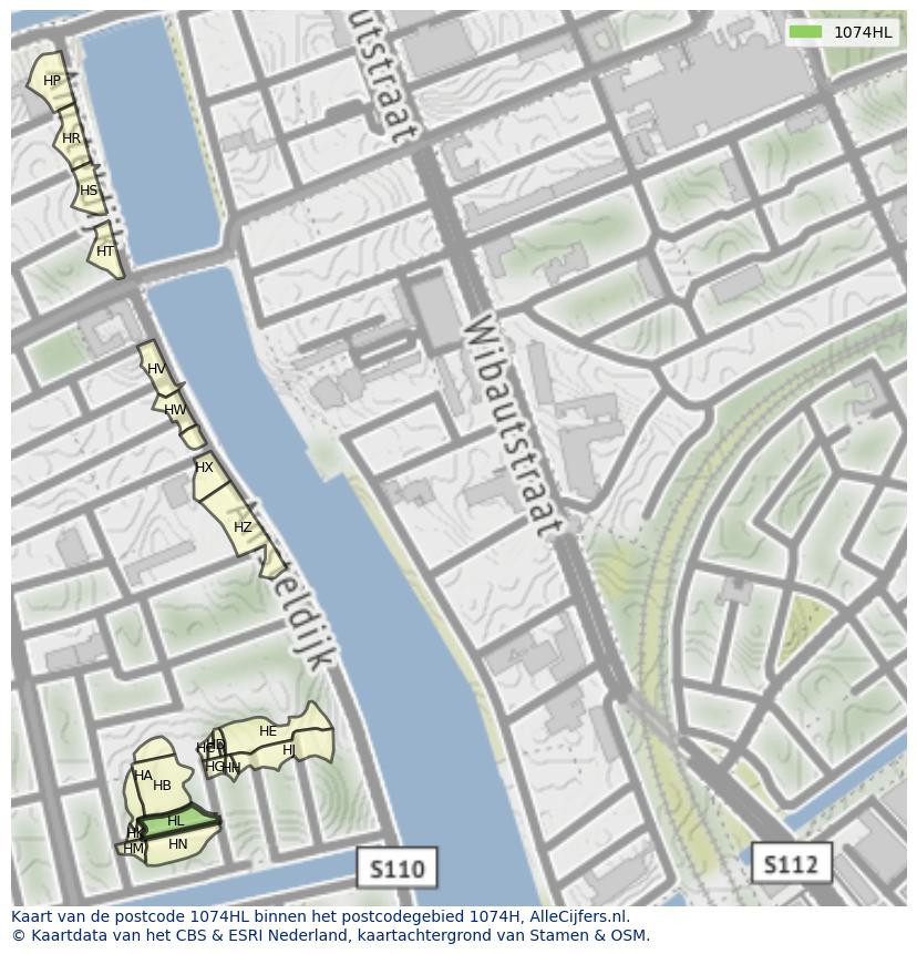 Afbeelding van het postcodegebied 1074 HL op de kaart.