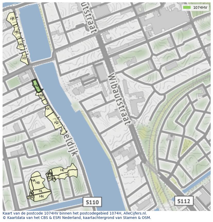 Afbeelding van het postcodegebied 1074 HV op de kaart.
