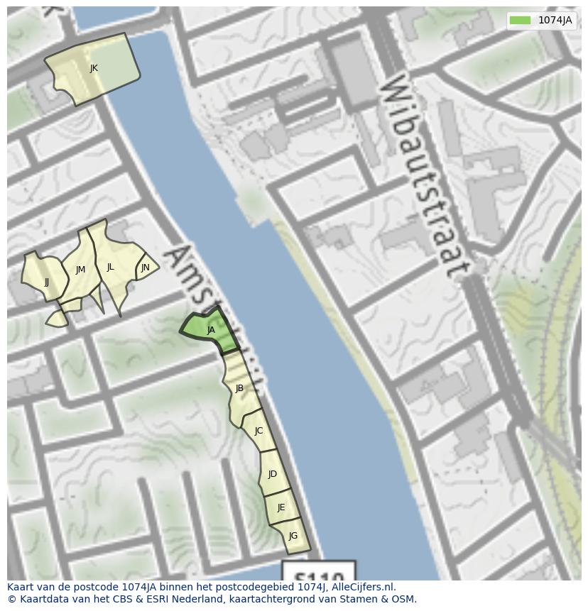 Afbeelding van het postcodegebied 1074 JA op de kaart.