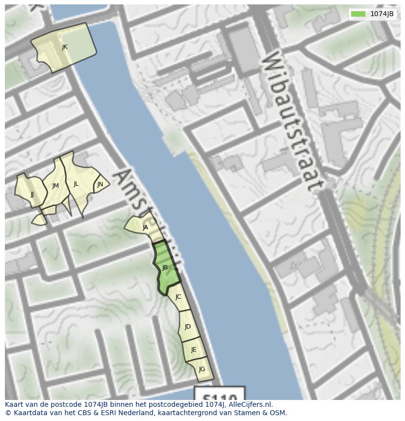 Afbeelding van het postcodegebied 1074 JB op de kaart.