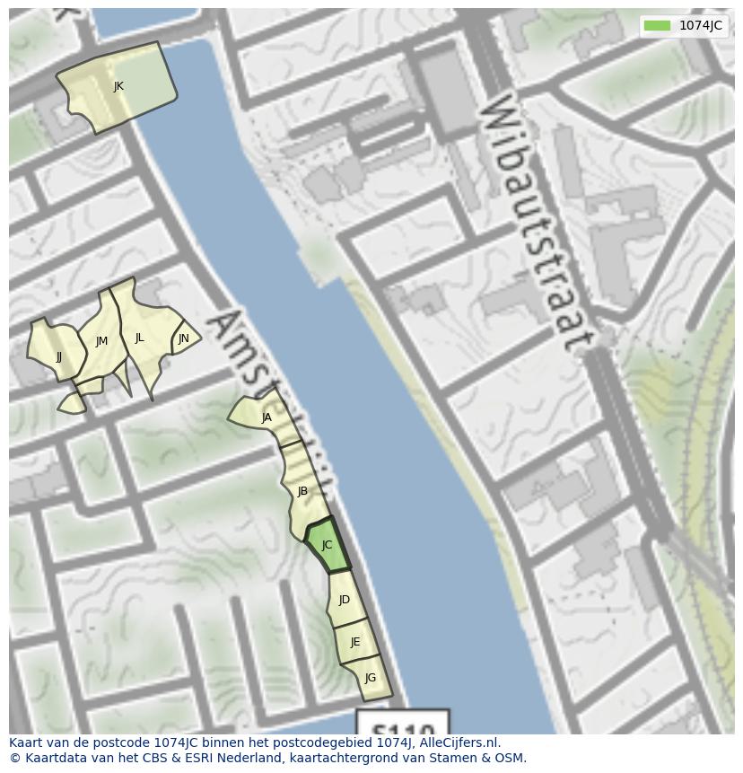 Afbeelding van het postcodegebied 1074 JC op de kaart.