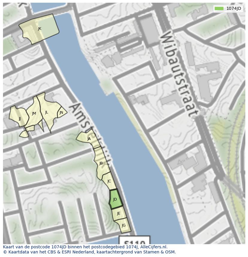 Afbeelding van het postcodegebied 1074 JD op de kaart.