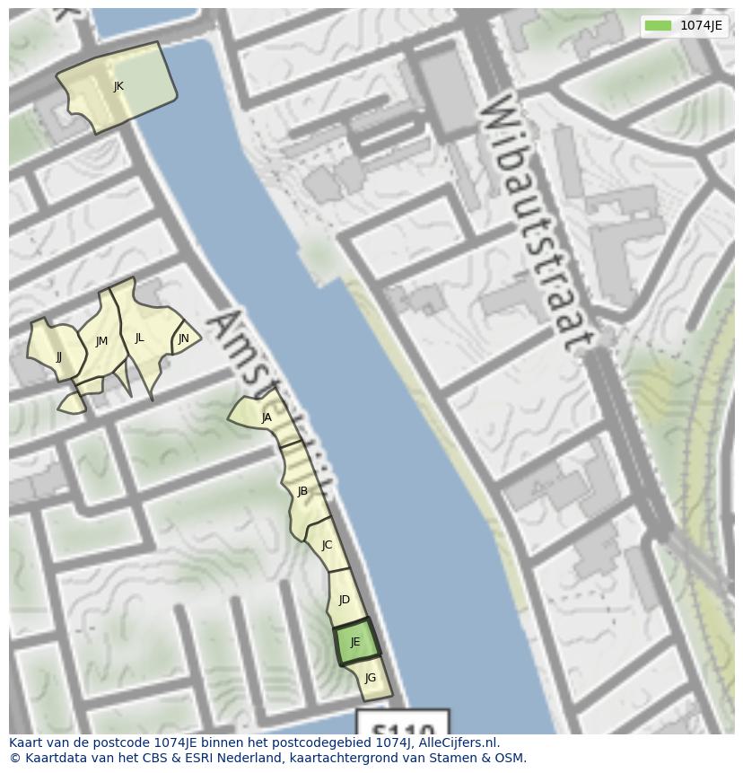 Afbeelding van het postcodegebied 1074 JE op de kaart.