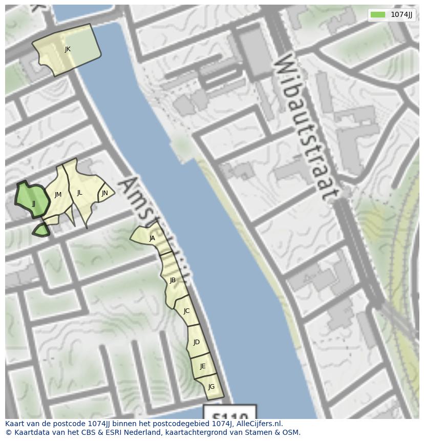 Afbeelding van het postcodegebied 1074 JJ op de kaart.