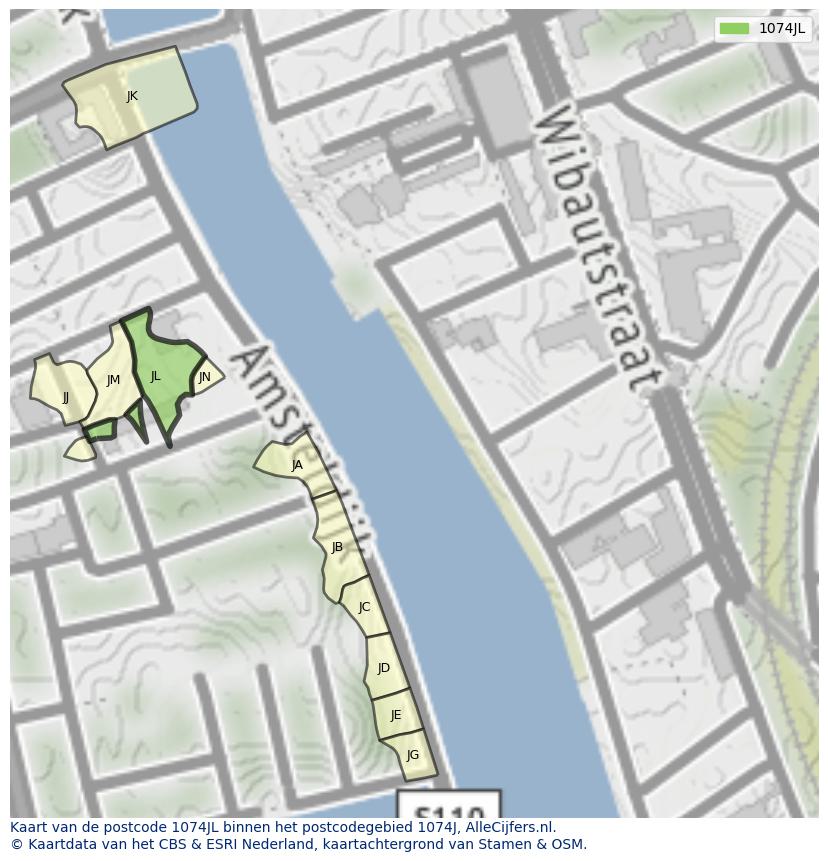 Afbeelding van het postcodegebied 1074 JL op de kaart.