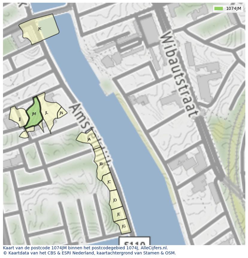 Afbeelding van het postcodegebied 1074 JM op de kaart.