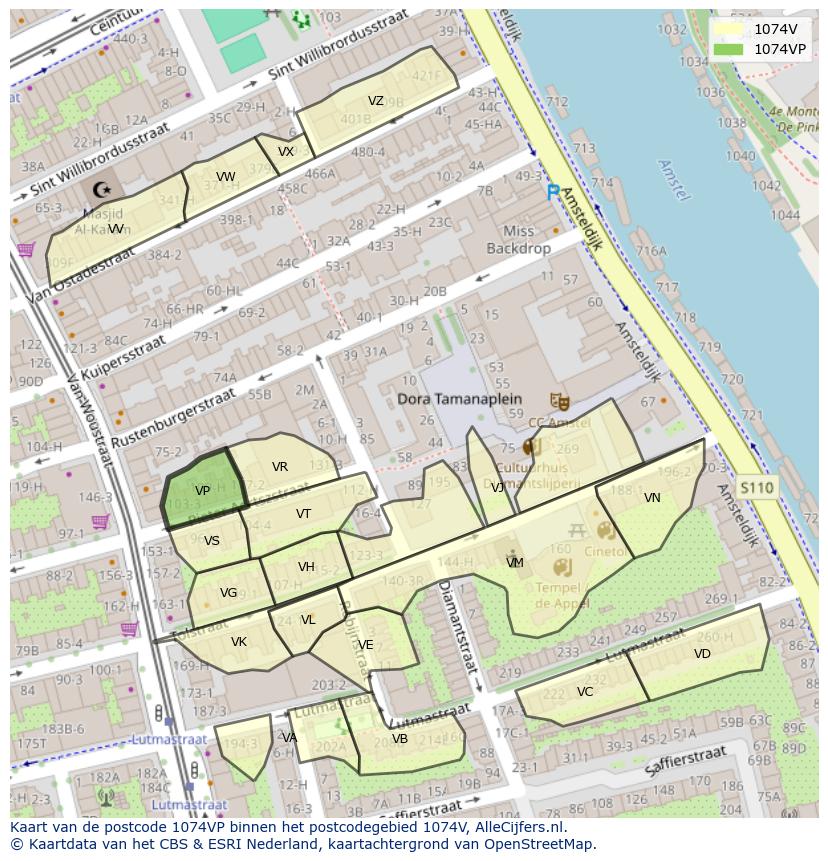 Afbeelding van het postcodegebied 1074 VP op de kaart.